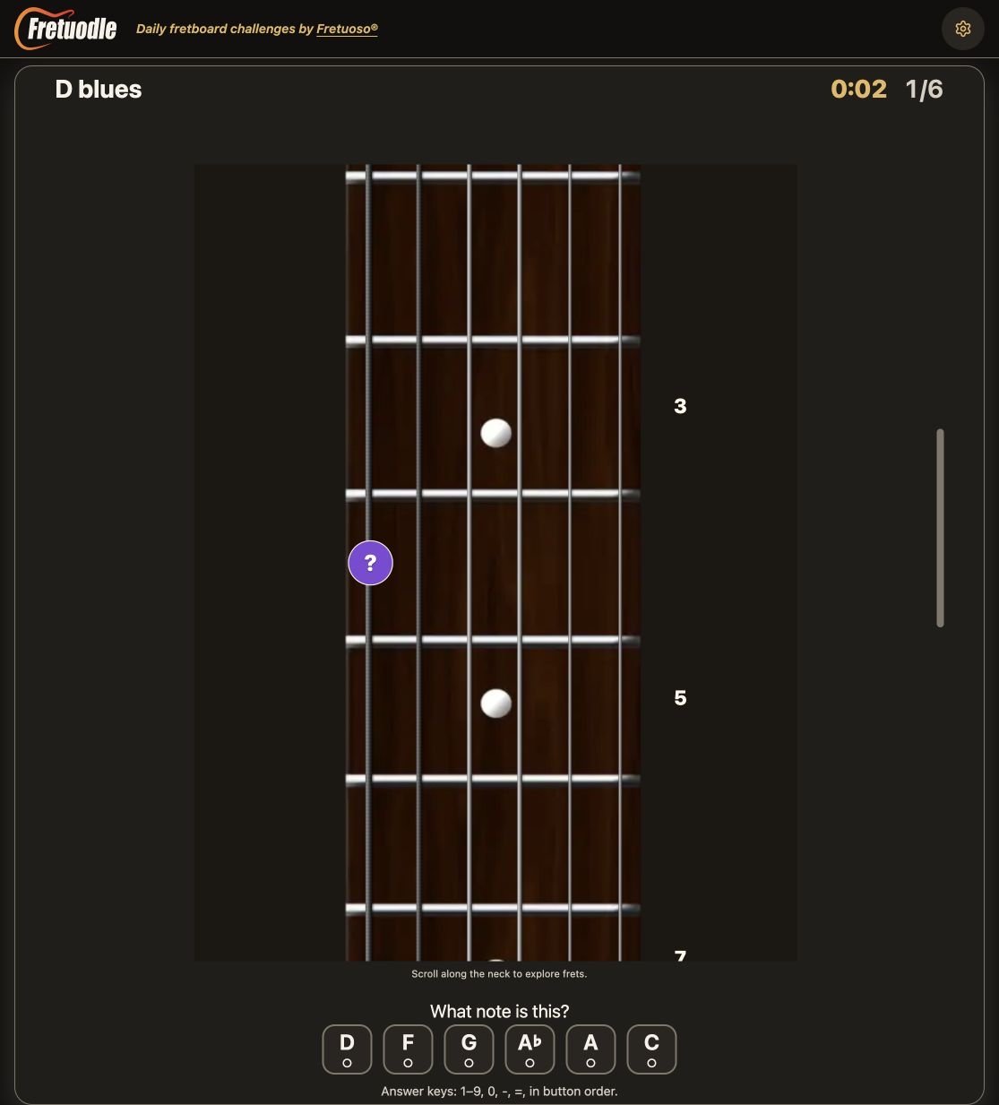 The Fretuodle guitar challenge in dark mode, showing a marked note on the fretboard, the D blues theme, timer, and note answer buttons