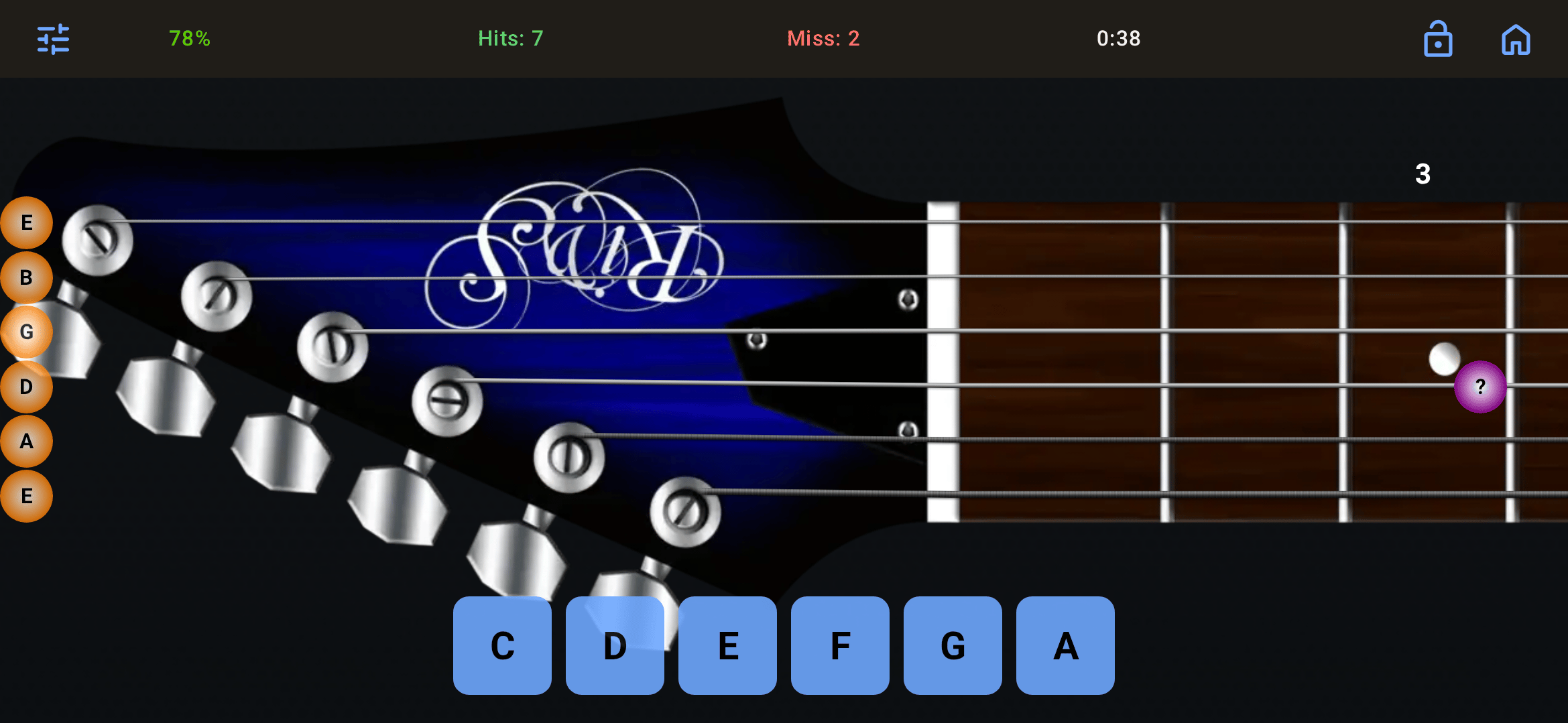 Fretuoso for Android Training mode with a live fretboard note prompt, answer choices, timer, accuracy, hits, and misses